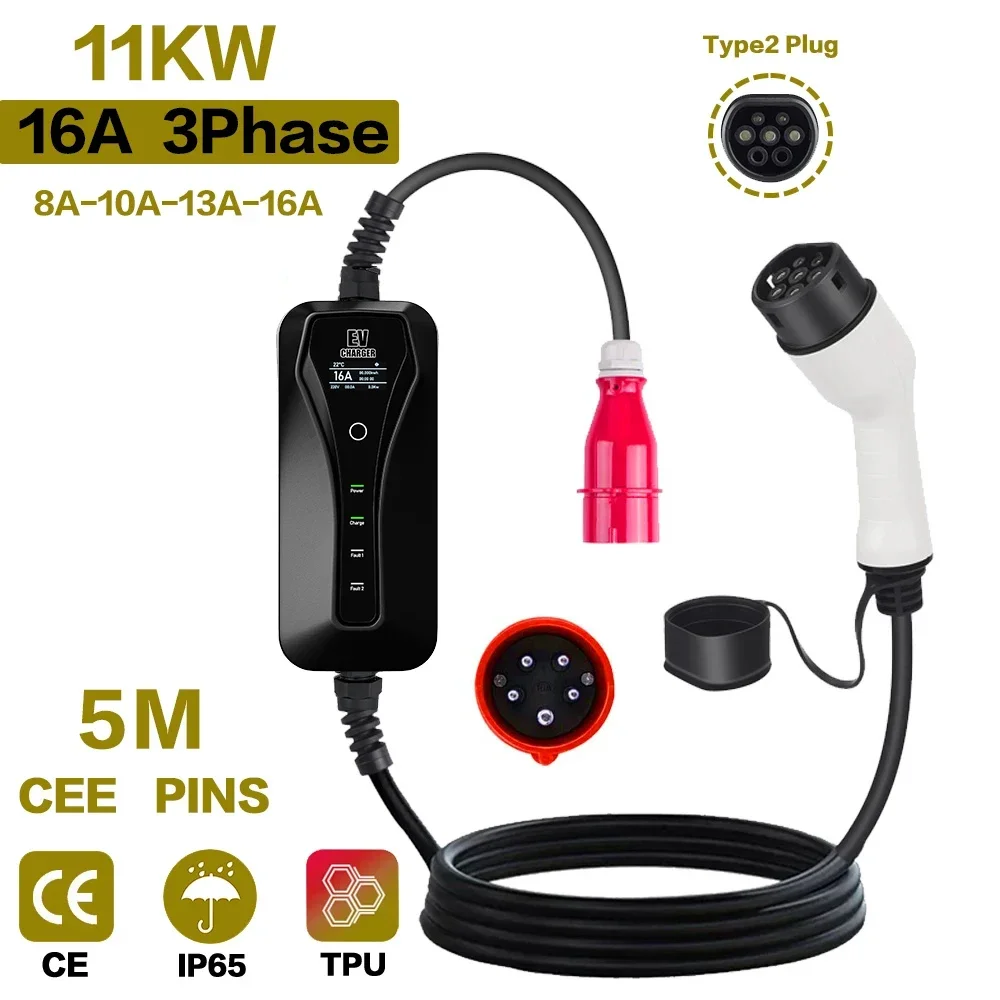 Type 2 Portable Ev Charger 11Kw Cee - 11KW 16A pengisi daya EV portabel